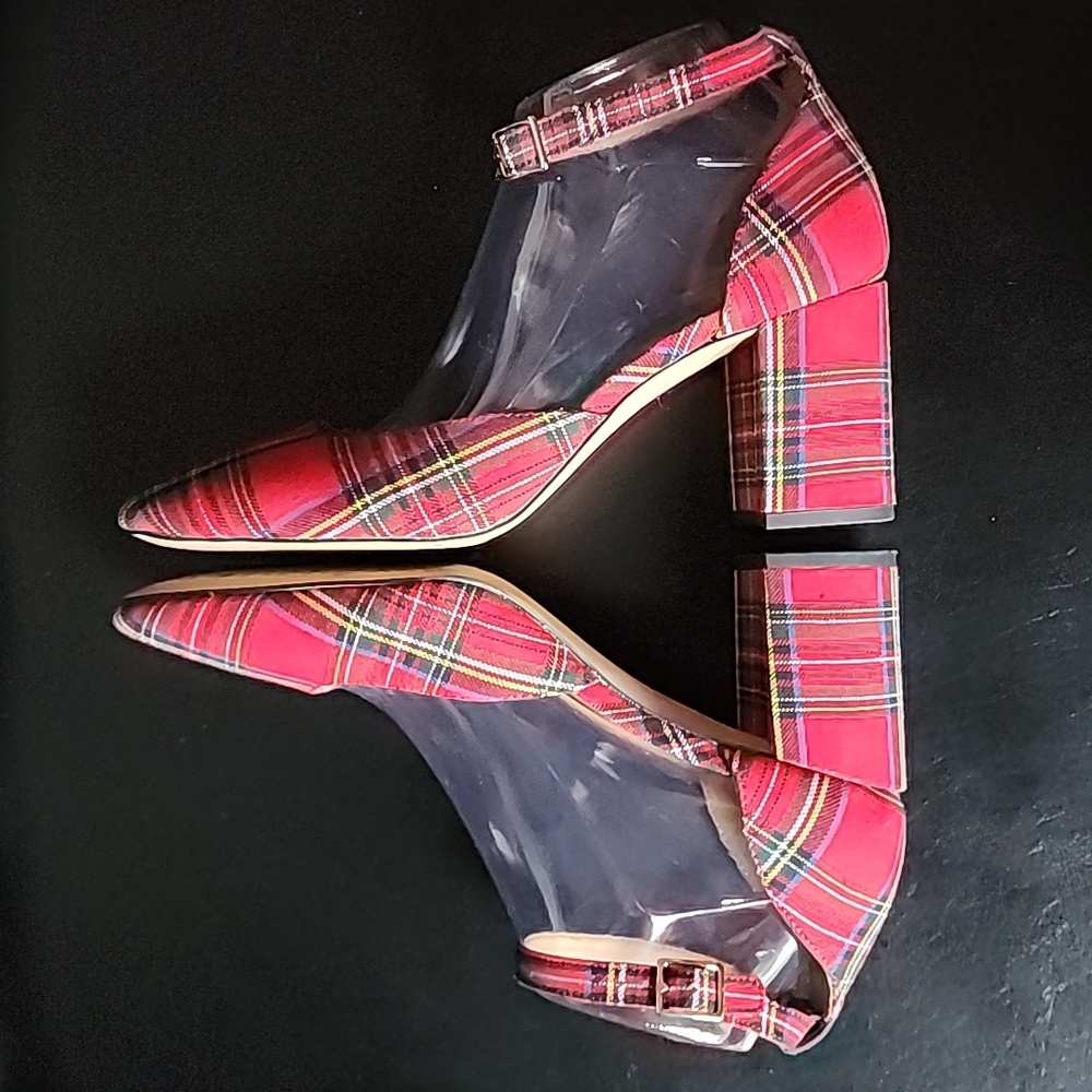 J. Crew Factory Tartan Plaid Ankle-Strap Block Heels Red Holiday Pumps Size 9.5 - Picture 9 of 9